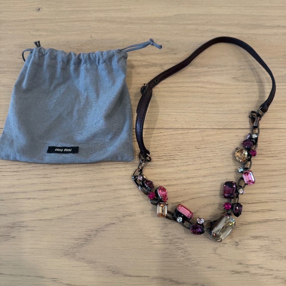 Miu Miu - Purple & Pink Rhinestone & Leather Necklace